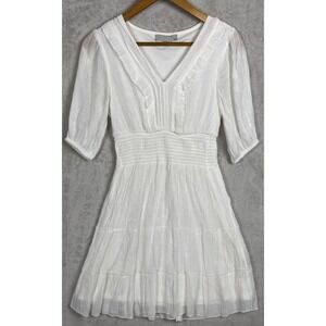 White Smocked Mini Dress Small Tiered Lined Peasant Cottagecore Beachy Flowy